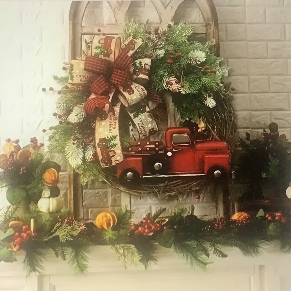 Red Truck Window Door Wreath Traditional Country Christmas Holiday Decor 12 In.
